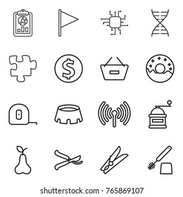 Thin line icon set : report, flag, chip, dna, puzzle, dollar coin, remove from basket, donut, measuring tape, stadium, wireless, hand mill, pear, pruner, clothespin, toilet brush