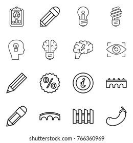 Thin line icon set : report, pencil, bulb, head, brain, eye identity, percent, info, bridge, fence, eggplant