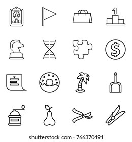 Thin line icon set : report, flag, shopping bag, pedestal, chess horse, dna, puzzle, dollar coin, list, donut, palm, scoop, hand mill, pear, pruner, clothespin