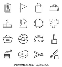 Thin line icon set : report, flag, shopping bag, pedestal, chess horse, chip, puzzle, remove from basket, donut, stadium, scoop, hand mill, steake, pruner, toilet brush