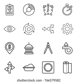 Thin line icon set : report, circle diagram, alarm clock, stopwatch, eye, around gear, core splitting, round, dollar pin, goverment house, drawing compasses, trip, route, washing, ring button