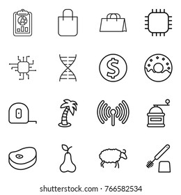 Thin line icon set : report, shopping bag, chip, dna, dollar coin, donut, measuring tape, palm, wireless, hand mill, steake, pear, sheep, toilet brush