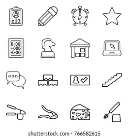 Thin line icon set : report, pencil, alarm clock, star, abacus, chess horse, warehouse, notebook, discussion, block wall, check in, stairs, garlic clasp, walnut crack, cheese, toilet brush