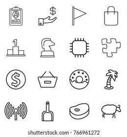 Thin line icon set : report, investment, flag, shopping bag, pedestal, chess horse, chip, puzzle, dollar coin, remove from basket, donut, palm, wireless, scoop, steake, sheep