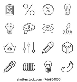 Thin line icon set : report, percent, bulb, brain, eye identity, infinity power, add to basket, equalizer, pencil, 3d, fence, eggplant