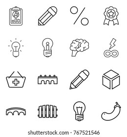 Thin line icon set : report, pencil, percent, medal, bulb, brain, infinity power, add to basket, bridge, 3d, fence, eggplant