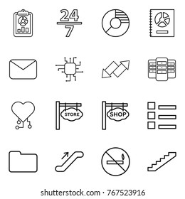 Thin line icon set : report, 24 7, circle diagram, annual, mail, chip, up down arrow, server, cardio, store signboard, shop, list, documents, escalator, no smoking, stairs