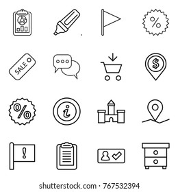 Thin line icon set : report, marker, flag, percent, sale, discussion, add to cart, dollar pin, info, castle, geo, important, clipboard, check in, nightstand