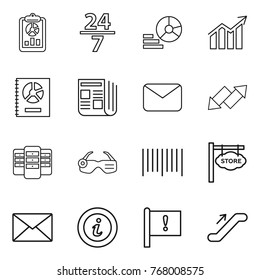 Thin Line Icon Set : Report, 24 7, Diagram, Annual, Newspaper, Mail, Up Down Arrow, Server, Smart Glasses, Bar Code, Store Signboard, Info, Important Flag, Escalator