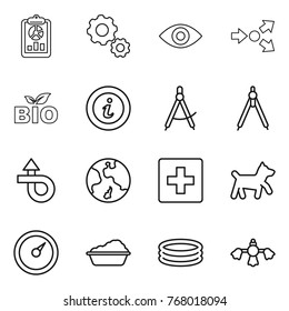 Thin line icon set : report, gear, eye, core splitting, bio, info, draw compass, drawing compasses, trip, earth, first aid, dog, barometer, washing, inflatable pool, hard reach place cleaning