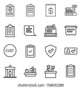 Thin line icon set : report, clipboard, receipt, cashbox, shopping list, atm, customs, check, protected, in, detector, baggage checking, inspector