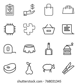 Thin line icon set : report, investment, shopping bag, chip, puzzle, remove from basket, list, measuring tape, stadium, scoop, hand mill, steake, pear, sheep, clothespin