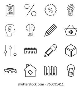 Thin line icon set : report, percent, bulb, head, brain, pencil, add to basket, equalizer, bridge, 3d, smart house, fence