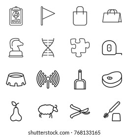 Thin line icon set : report, flag, shopping bag, chess horse, dna, puzzle, measuring tape, stadium, wireless, scoop, steake, pear, sheep, pruner, toilet brush