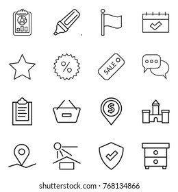 Thin line icon set : report, marker, flag, calendar, star, percent, sale, discussion, clipboard, remove from basket, dollar pin, castle, geo, sun potection, protected, nightstand