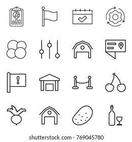 Thin line icon set : report, flag, calendar, around gear, atom core, equalizer, barn, location details, important, warehouse, vip fence, cherry, beet, potato, wine