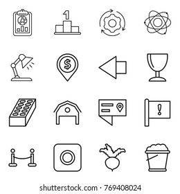 Thin line icon set : report, pedestal, around gear, atom, table lamp, dollar pin, left arrow, wineglass, brick, barn, location details, important flag, vip fence, ring button, beet, foam bucket