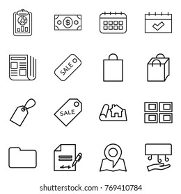 Thin line icon set : report, money, calendar, newspaper, sale, shopping bag, label, project, panel house, documents, inventory, map, hand dryer
