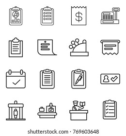 Thin line icon set : report, clipboard, receipt, cashbox, shopping list, atm, terms, pen, check in, detector, baggage checking, inspector