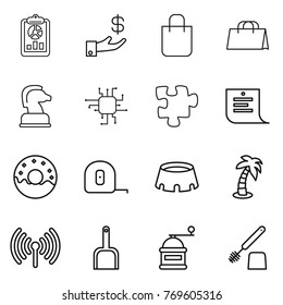 Thin line icon set : report, investment, shopping bag, chess horse, chip, puzzle, list, donut, measuring tape, stadium, palm, wireless, scoop, hand mill, toilet brush