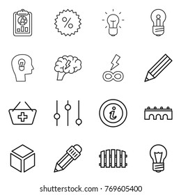 Thin line icon set : report, percent, bulb, head, brain, infinity power, pencil, add to basket, equalizer, info, bridge, 3d, fence