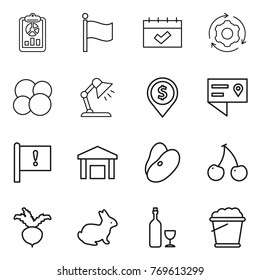 Thin line icon set : report, flag, calendar, around gear, atom core, table lamp, dollar pin, location details, important, warehouse, beans, cherry, beet, rabbit, wine, foam bucket