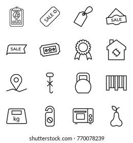 Thin line icon set : report, sale, label, ticket, medal, smart house, geo pin, do not hook sign, heavy, bar code, distrub, grill oven, pear