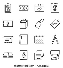 Thin line icon set : report, money, calendar, receipt, shopping bag, label, sale, atm, copybook, drawing compasses, tax, inventory, hand dryer