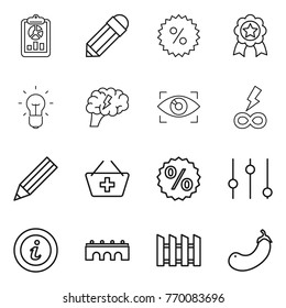 Thin line icon set : report, pencil, percent, medal, bulb, brain, eye identity, infinity power, add to basket, equalizer, info, bridge, fence, eggplant