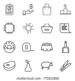 Thin line icon set : report, investment, shopping bag, pedestal, chip, remove from basket, list, donut, measuring tape, stadium, scoop, steake, pear, sheep, clothespin