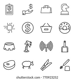 Thin line icon set : report, investment, shopping bag, chess horse, chip, dollar coin, remove from basket, donut, stadium, palm, wireless, scoop, steake, sheep, clothespin, toilet brush