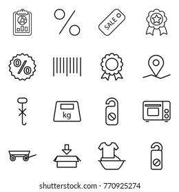 Thin line icon set : report, percent, sale, medal, bar code, geo pin, do not hook sign, heavy, distrub, grill oven, trailer, package, handle washing