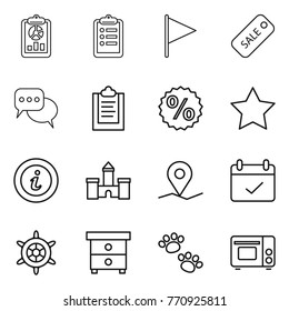 Thin line icon set : report, clipboard, flag, sale, discussion, percent, star, info, castle, geo pin, terms, handwheel, nightstand, pets, grill oven