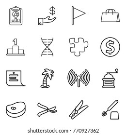 Thin line icon set : report, investment, flag, shopping bag, pedestal, dna, puzzle, dollar coin, list, palm, wireless, hand mill, steake, pruner, clothespin, toilet brush