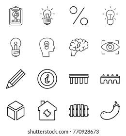 Thin line icon set : report, bulb, percent, head, brain, eye identity, pencil, info, bridge, 3d, smart house, fence, eggplant