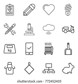 Thin line icon set : report, pencil, heart, bulb, wrench, microscope, cloud wireless, scooter shipping, heavy, mobile checking, radiator, scoop, apron, rag, hierarchy, rabbit