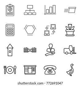 Thin line icon set : report, hierarchy, graph, delivery, calculator, hex molecule, notebook connect, flower, tower, school, client, fork loader, cafe, wardrobe, phone, goose