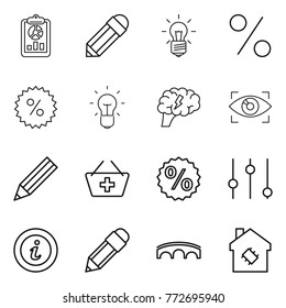 Thin line icon set : report, pencil, bulb, percent, brain, eye identity, add to basket, equalizer, info, bridge, smart house