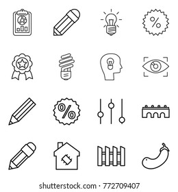 Thin line icon set : report, pencil, bulb, percent, medal, head, eye identity, equalizer, bridge, smart house, fence, eggplant