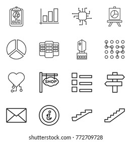 Thin line icon set : report, graph, chip, presentation, diagram, server, crystall memory, cardio, shop signboard, list, singlepost, mail, info, stairs