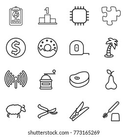 Thin line icon set : report, pedestal, chip, puzzle, dollar coin, donut, measuring tape, palm, wireless, hand mill, steake, pear, sheep, pruner, clothespin, toilet brush