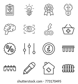 Thin line icon set : report, bulb, medal, brain, eye identity, infinity power, add to basket, percent, equalizer, info, bridge, pencil, smart house, fence