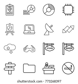 Thin line icon set : report, diagram, circle, chip, presentation, notebook, satellite antenna, up down arrow, cloude service, smart glasses, store signboard, shop, singlepost, documents, reception