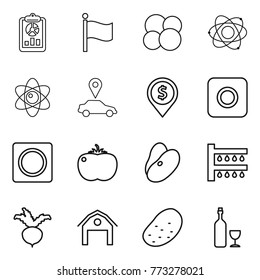 Thin line icon set : report, flag, atom core, car pointer, dollar pin, ring button, tomato, beans, watering, beet, barn, potato, wine