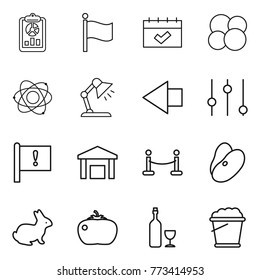 Thin line icon set : report, flag, calendar, atom core, table lamp, left arrow, equalizer, important, warehouse, vip fence, beans, rabbit, tomato, wine, foam bucket
