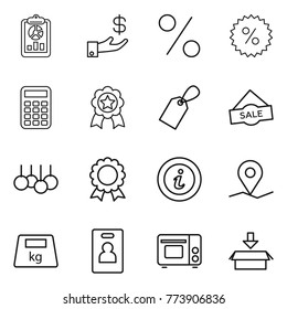 Thin line icon set : report, investment, percent, calculator, medal, label, sale, info, geo pin, heavy, identity card, grill oven, package