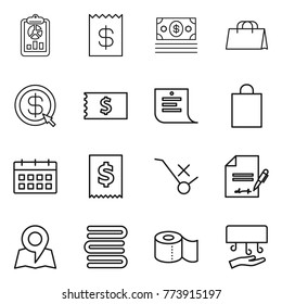 Thin line icon set : report, receipt, money, shopping bag, dollar arrow, list, calendar, tax, do not trolley sign, inventory, map, towels, toilet paper, hand dryer