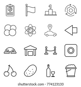 Thin line icon set : report, flag, pedestal, around gear, atom core, car pointer, left arrow, dome house, warehouse, vip fence, ring button, cherry, potato, wine, foam bucket