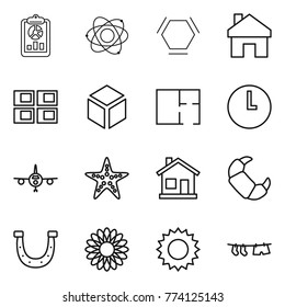Thin line icon set : report, atom, hex molecule, home, panel house, 3d, plan, clock, plane, starfish, croissant, horseshoe, flower, sun, drying clothe