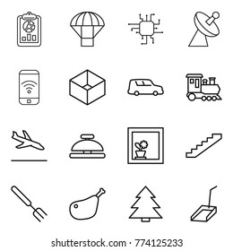 Thin line icon set : report, parachute, chip, satellite antenna, phone wireless, box, car shipping, train, arrival, service bell, flower in window, stairs, big fork, chicken leg, spruce, scoop